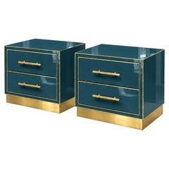 Petrol Blue Murano Glass Nightstands on Brass Bases, Italian Pair