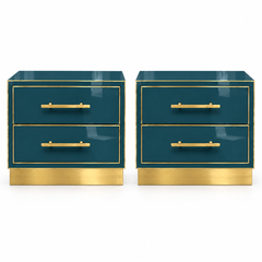 Petrol Blue Murano Glass Nightstands on Brass Bases, Italian Pair