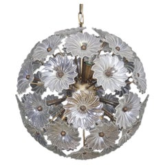 Sputnik chandelier with 51 clear glass flowers and burnished brass