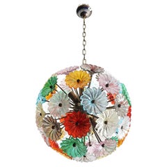 Sputnik chandelier with 51 multicolored glass flowers and burnished brass