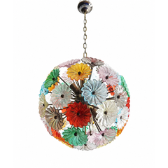 Sputnik chandelier with 51 multicolored glass flowers and burnished brass