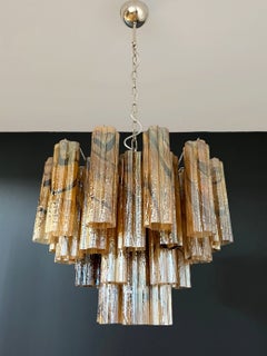 Lustre italien en tubes de verre de Murano, couleur ambre et noir, structure en nickel