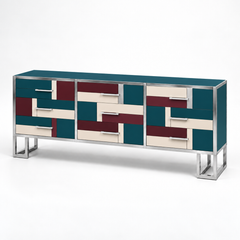 Geometric sideboard in petrol blue, burgundy, and ivory with nine drawers