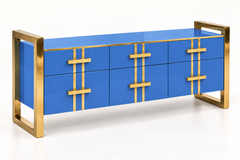 Geometric Cornflower Blue Glass Sideboard with Brass Frames and Drawers