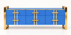 Geometric Cornflower Blue Glass Sideboard with Brass Frames and Drawers