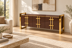Chocolate Glass Sideboard with Brass Frames and Three Drawers