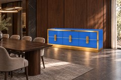 Modern Cornflower Blue Glass Sideboard with Sculptural Brass Handles, Italy