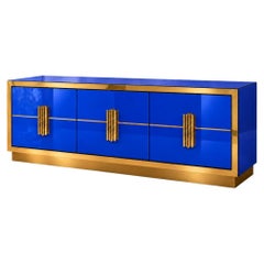 Intense Blue Italian Glass Sideboard with Sculptural Brass Handles