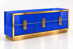 Intense Blue Italian Glass Sideboard with Sculptural Brass Handles