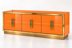 Orange Glass Sideboard with Sculptural Brass Handles, Made in Italy