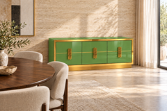 Grass Green Glossy Glass Sideboard with Sculptural Brass Handles, Italy