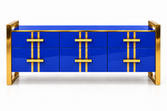 Intense Blue Glass Sideboard with Brass Frames and Three Drawers, Italy