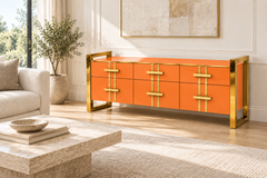 Italian Sideboard with Orange Glass, Three Drawers, and Brass Frames