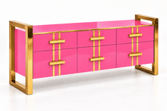 Modern Pop Pink Glass Sideboard with Drawers and Brass Frames, Italy