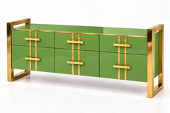 Grass Green Glass Sideboard with Brass Frames and Drawers, Made in Italy
