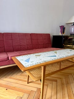 Mosaic, teak, and straw coffee table by designer Paul Jensen. Denmark, 1970s.