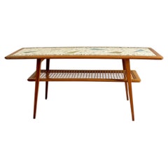 Mosaic, teak, and straw coffee table by designer Paul Jensen. Denmark, 1970s.