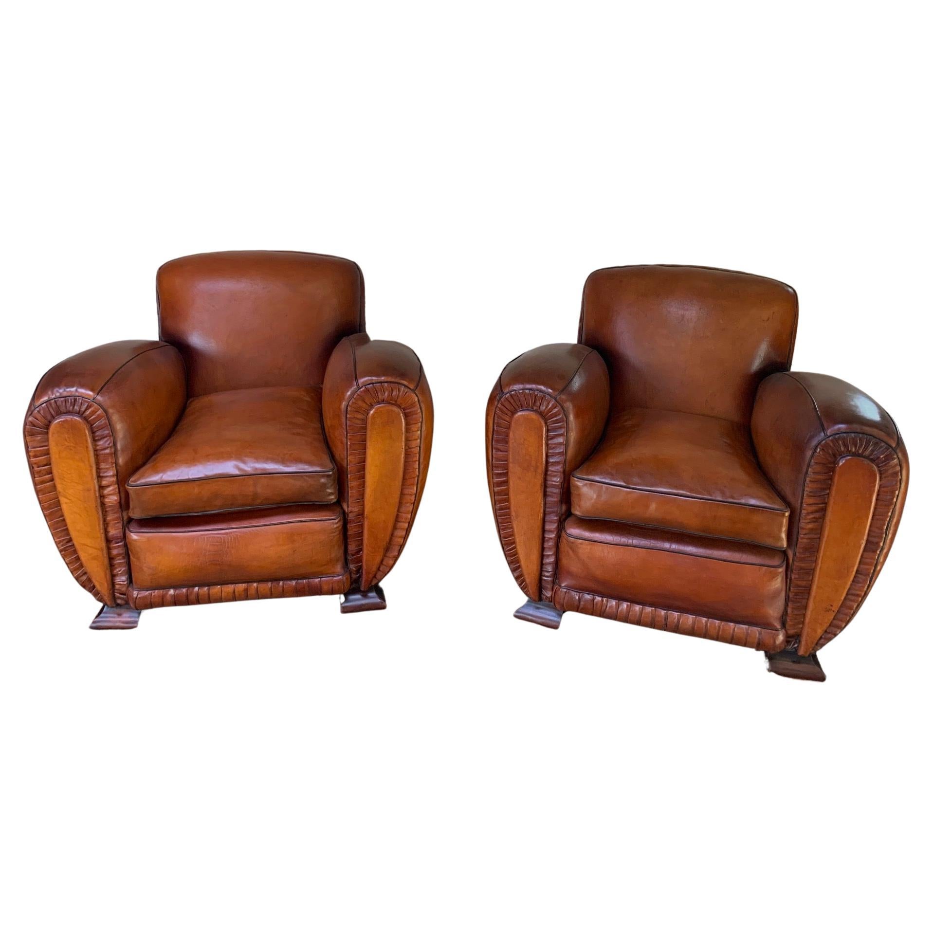A Pair of 1940’s French Leather club Chairs, La Crème de la Crème  For Sale