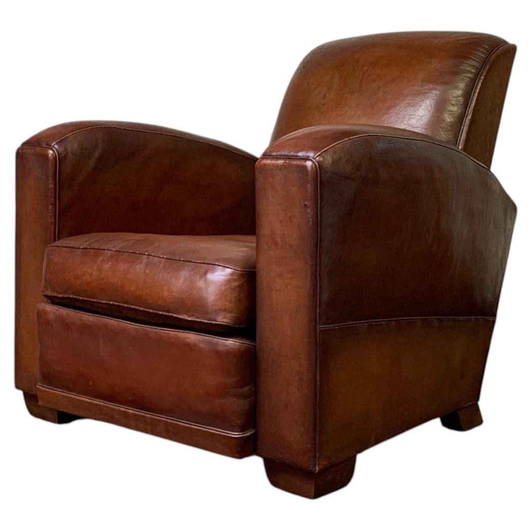 A Fabulous French Leather Club Chair, Alpine Model, Circa 1950’s For Sale