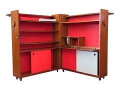 Mid Century Modern Teak Folding Bar with Red Interior
