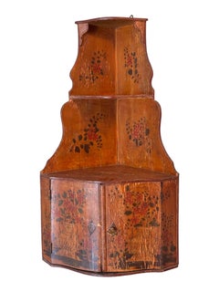 19th Century English Painted Hanging Corner Cupboard with Floral Decoration