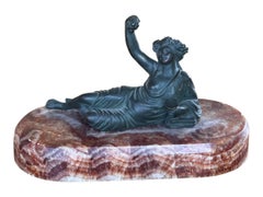 19th Century French Bronze Reclining Figure with Grapes on Banded Stone Base