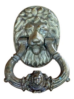 19th Century English Bronze Lion Door Knocker with Cherub Mask