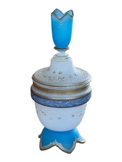 19th Century French Blue Opaline Dresser Jar with Tulip Finial
