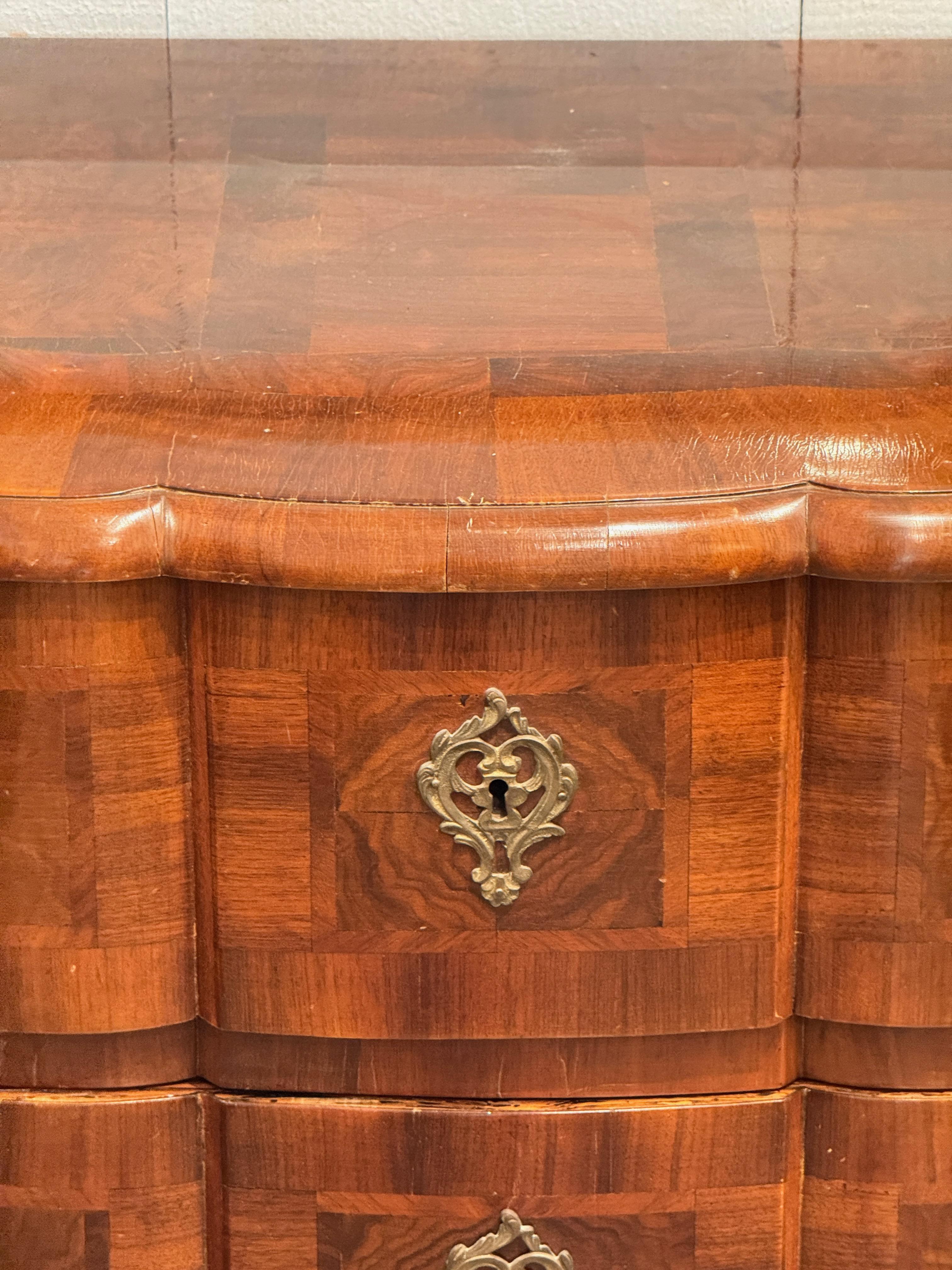 19th Century Continental Serpentine Chest With Inlaid Veneer For Sale