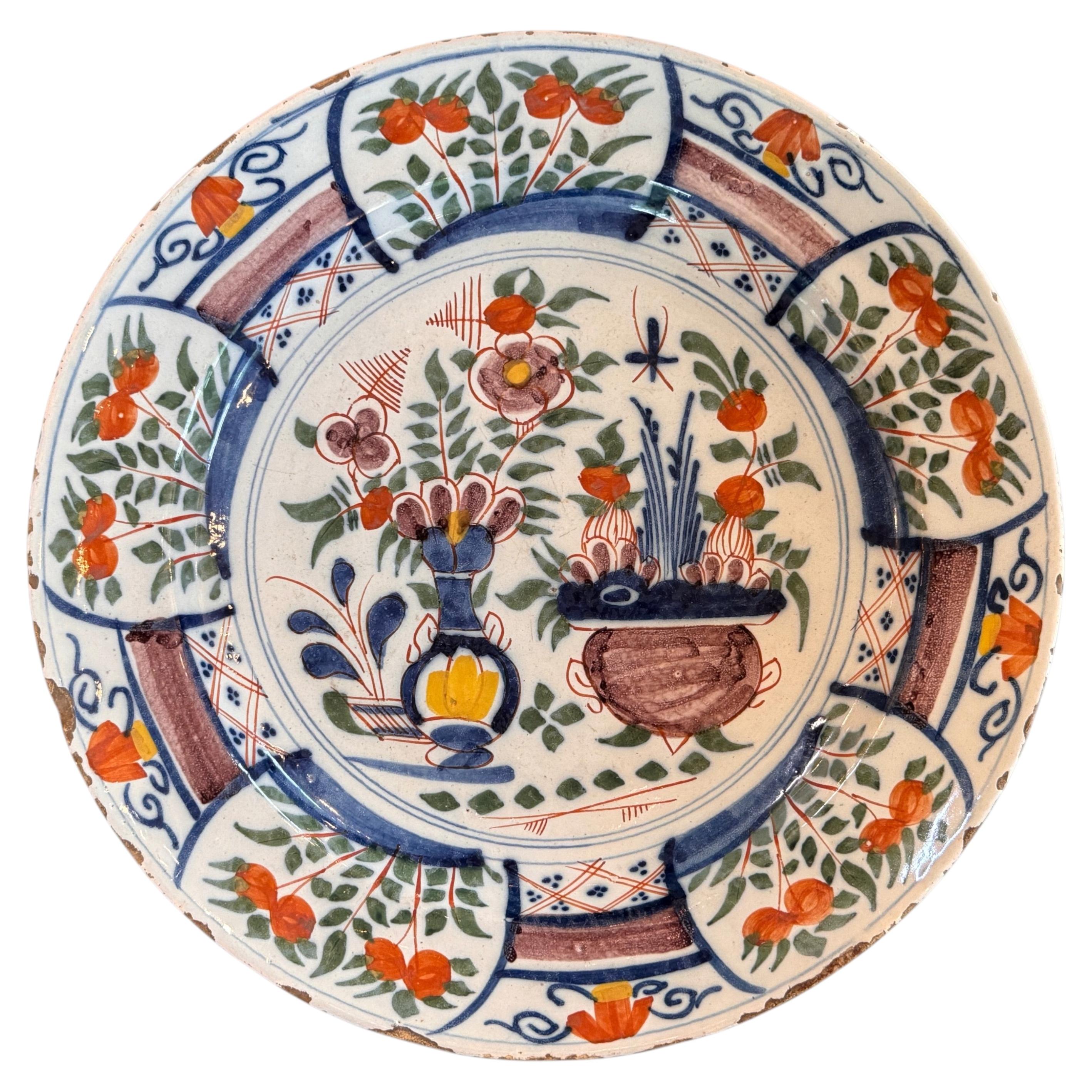 18th Century Dutch Polychrome Delft Charger For Sale