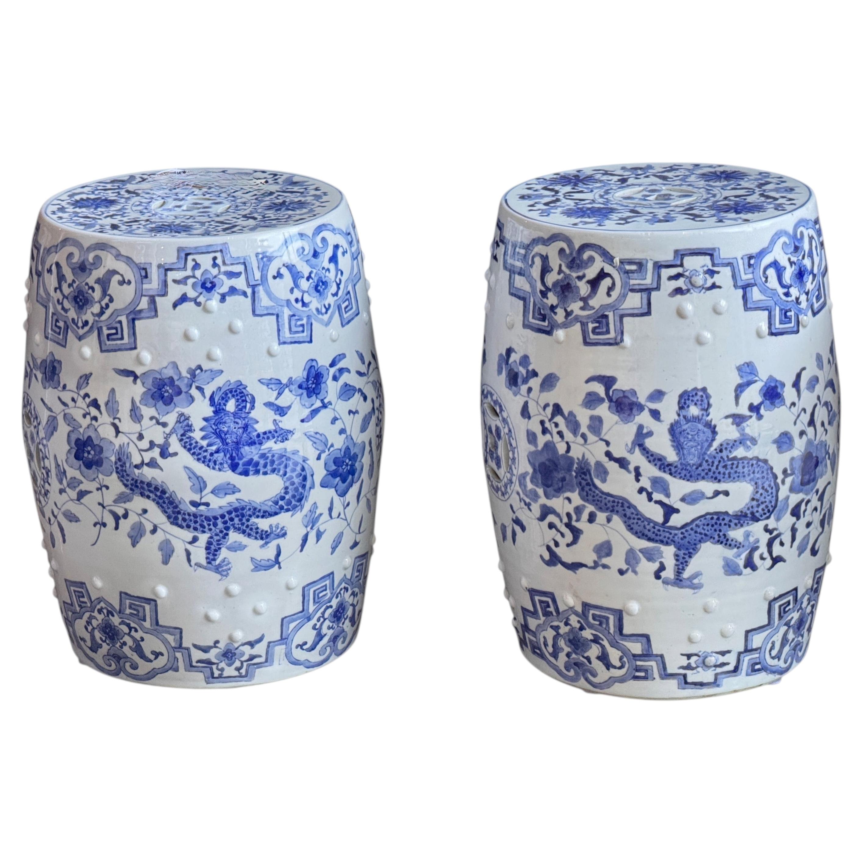 Pair of Chinese Blue and White Garden Stools For Sale