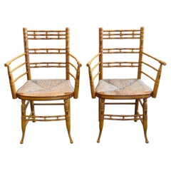 Pair of Painted Faux Bamboo Armchairs with Rush Seats