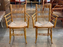 Pair of Painted Faux Bamboo Armchairs with Rush Seats