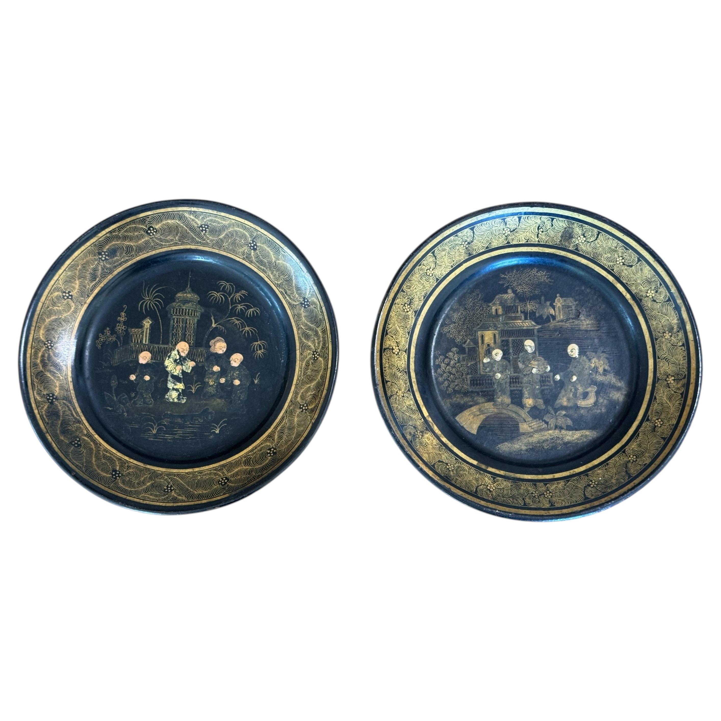 Pair of English Papier Mache Chinoiserie Wine Coasters For Sale