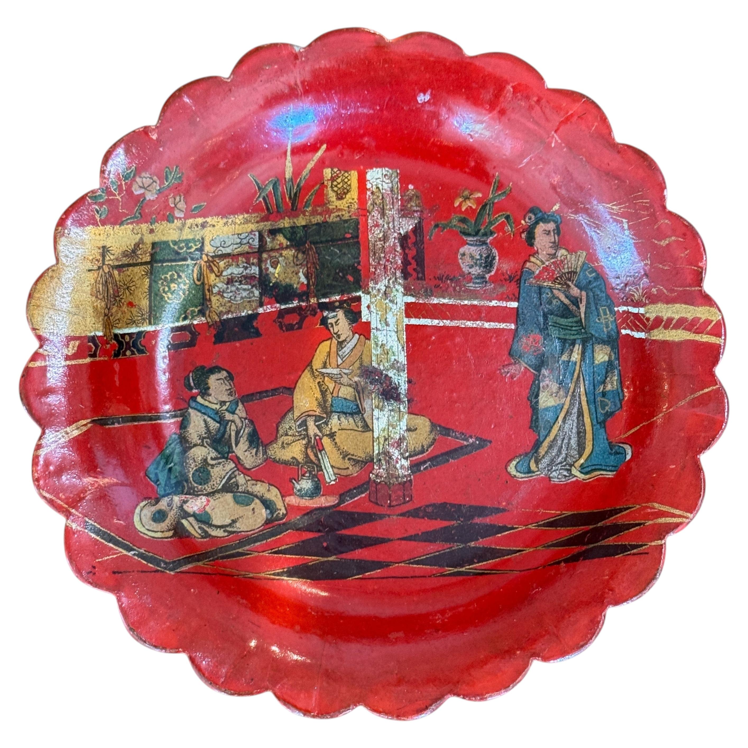 Red Papier Mache Wine Coaster with Scalloped Rim For Sale
