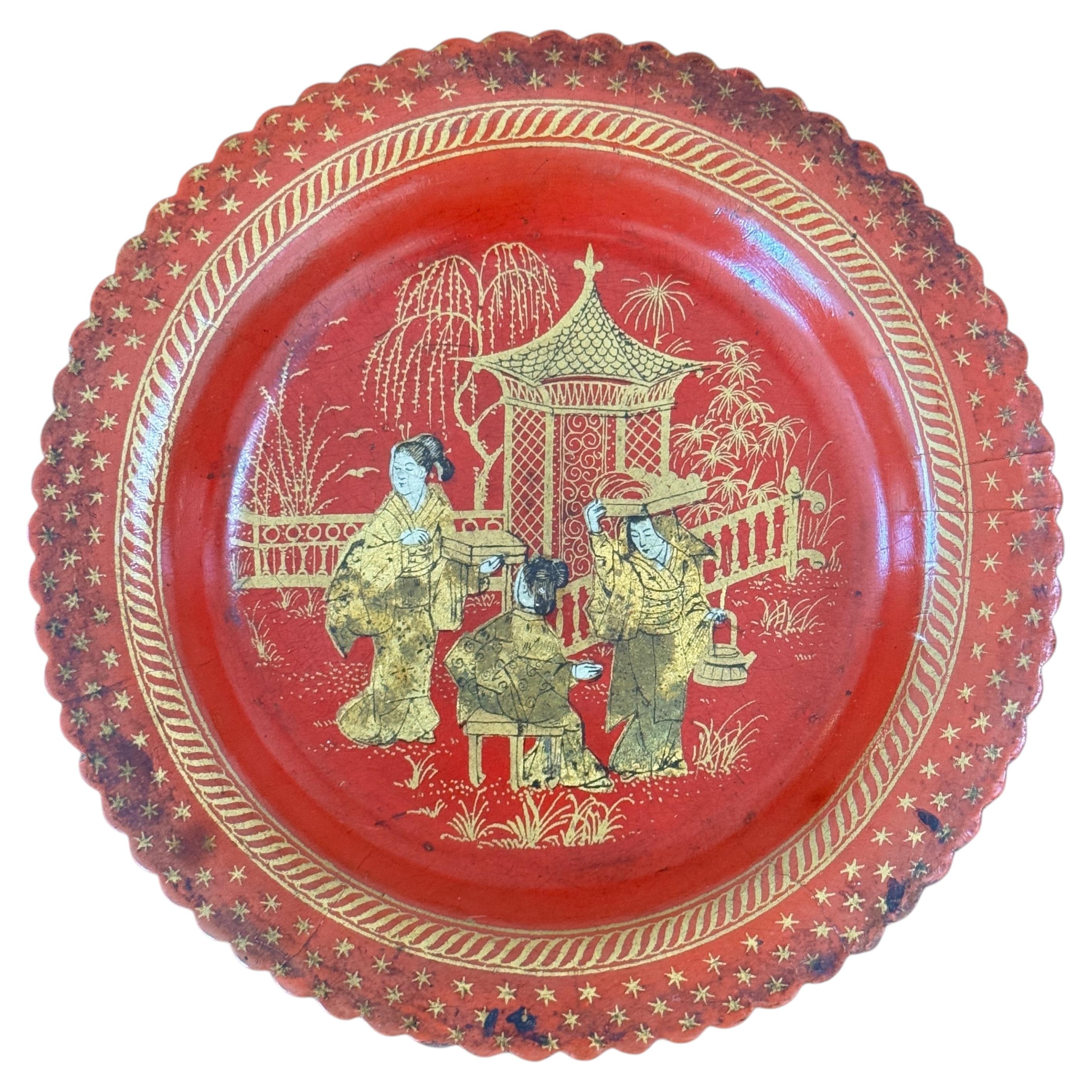 Red and Gilt Papier Mache Wine Coaster For Sale