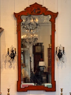 Red Chinoiserie Mirror with Painted Pagoda Crest