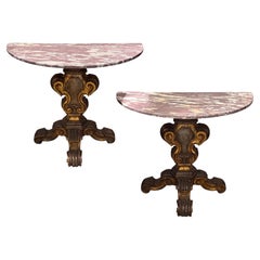Pair of Italian Giltwood Demilune Consoles with Marble Tops