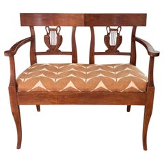 19th Century French Walnut Settee with Carved Lyre Splats