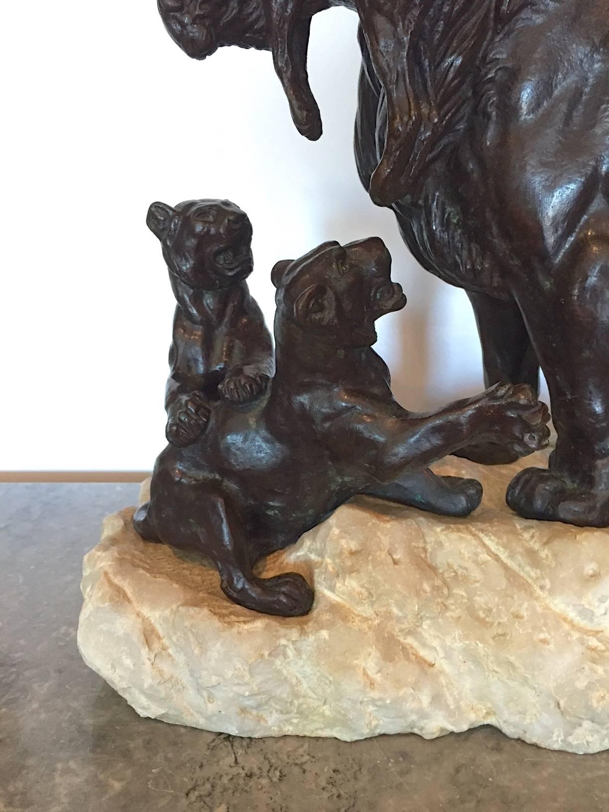 This large bronze and marble group by Delabriere is very strong and proud
what a fantastic statement piece for your office, cave or wherever your wife will let you put it. The casting is absolutely primo with a patina well achieved. This model came