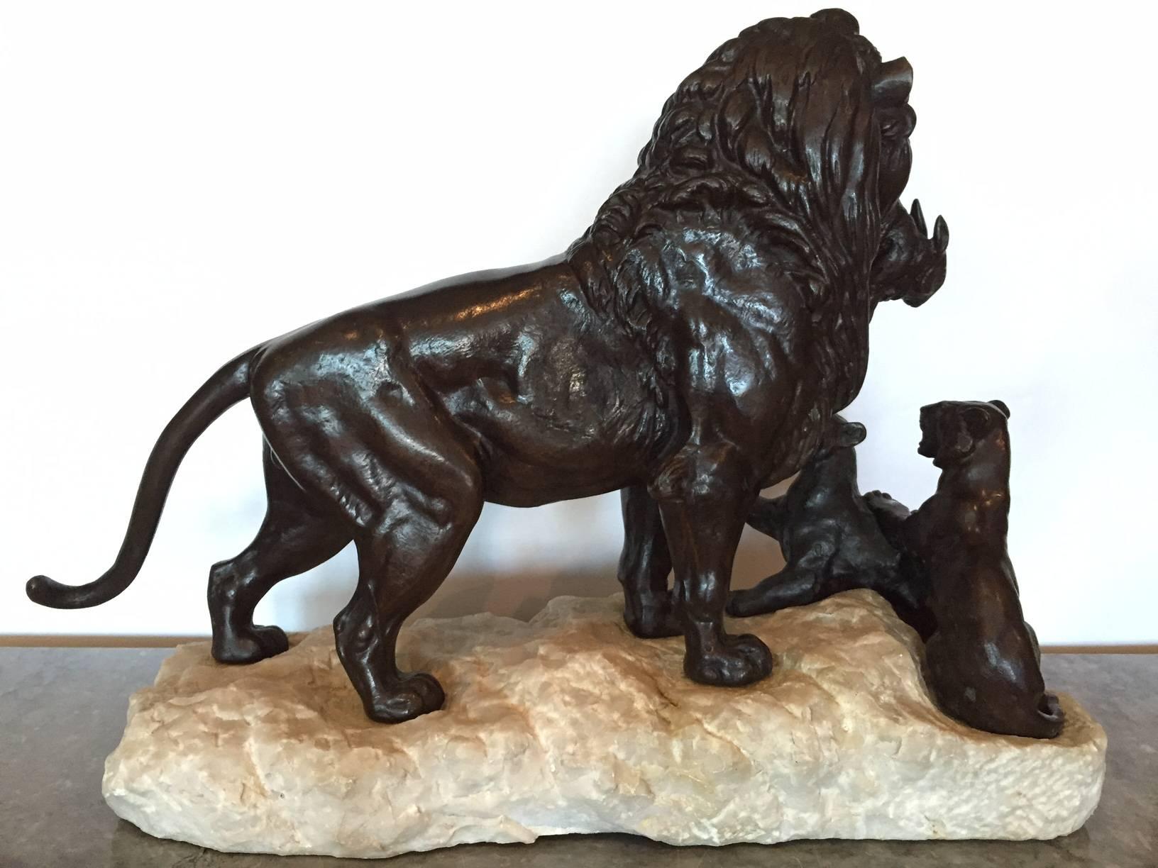 French Antique Bronze and Marble Group Lion and Cubs by P. Delabriere, 19th Century For Sale