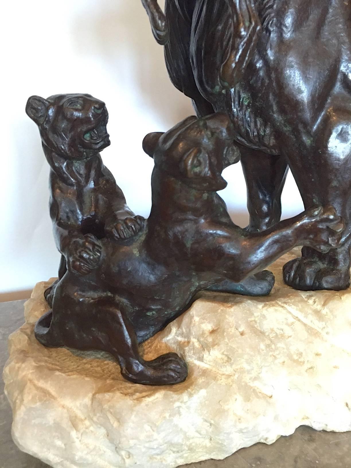 Carved Antique Bronze and Marble Group Lion and Cubs by P. Delabriere, 19th Century For Sale