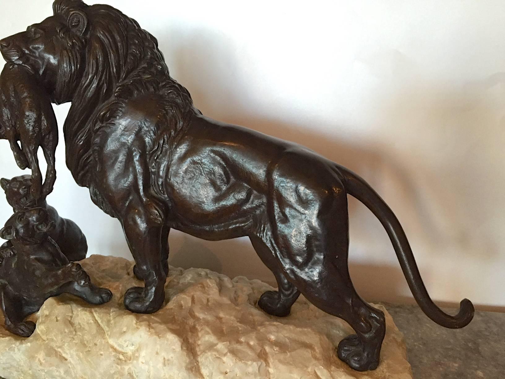 Antique Bronze and Marble Group Lion and Cubs by P. Delabriere, 19th Century For Sale 5