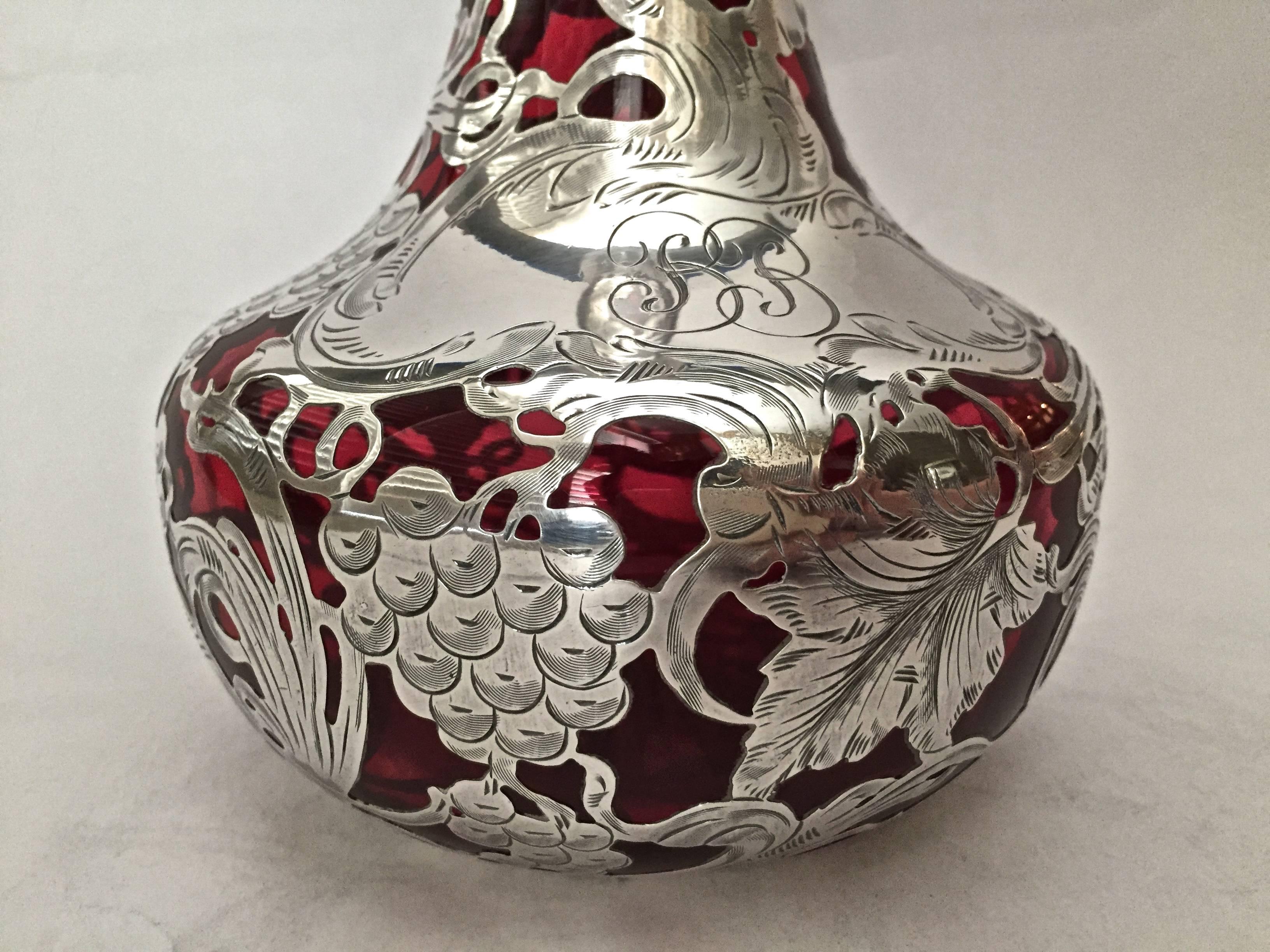 Gorgeous Large Sterling Silver Overlay Decanter Vintage Motiff, c.1900 In Excellent Condition For Sale In Redding, CA