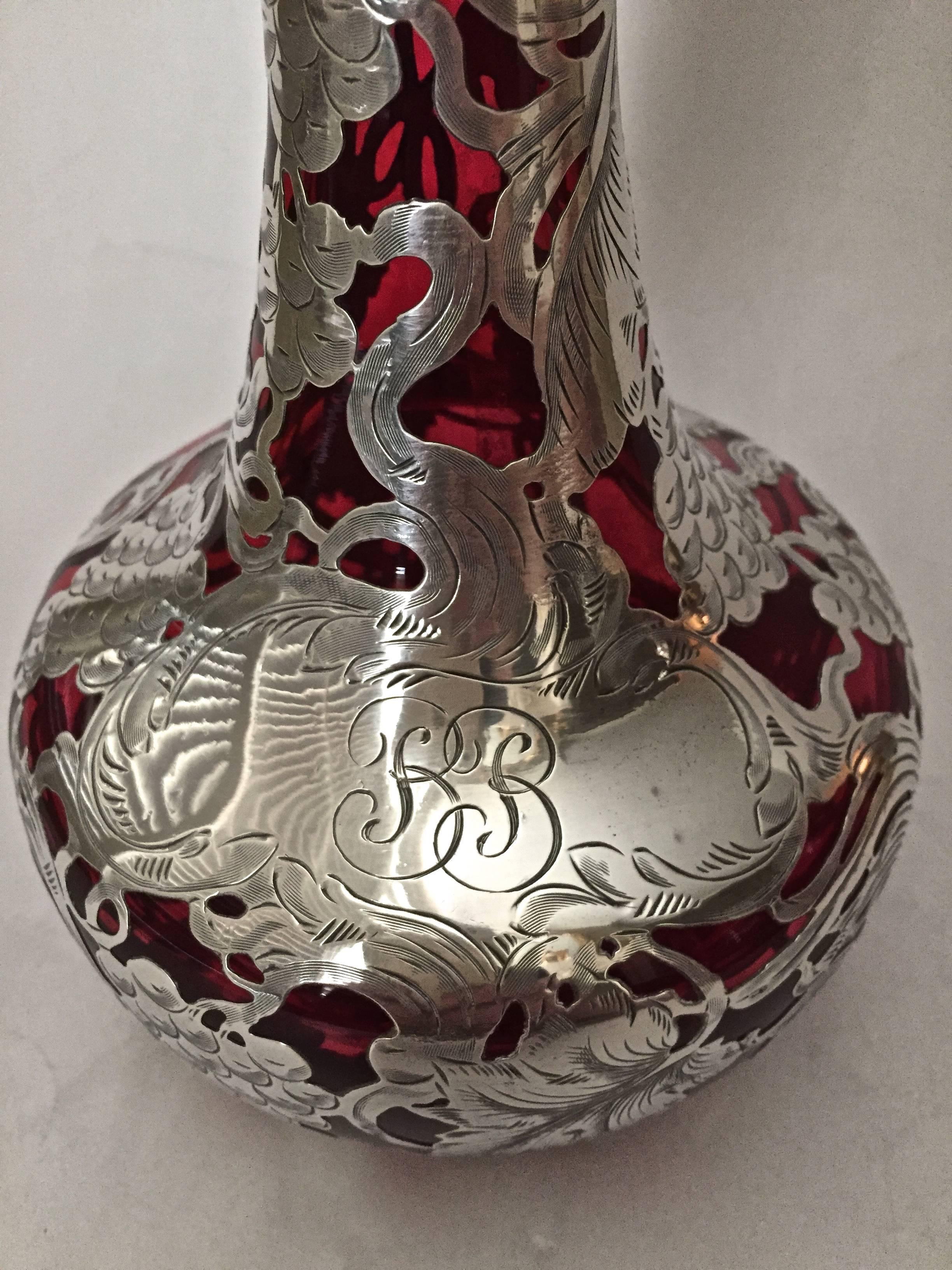 Early 20th Century Gorgeous Large Sterling Silver Overlay Decanter Vintage Motiff, c.1900 For Sale