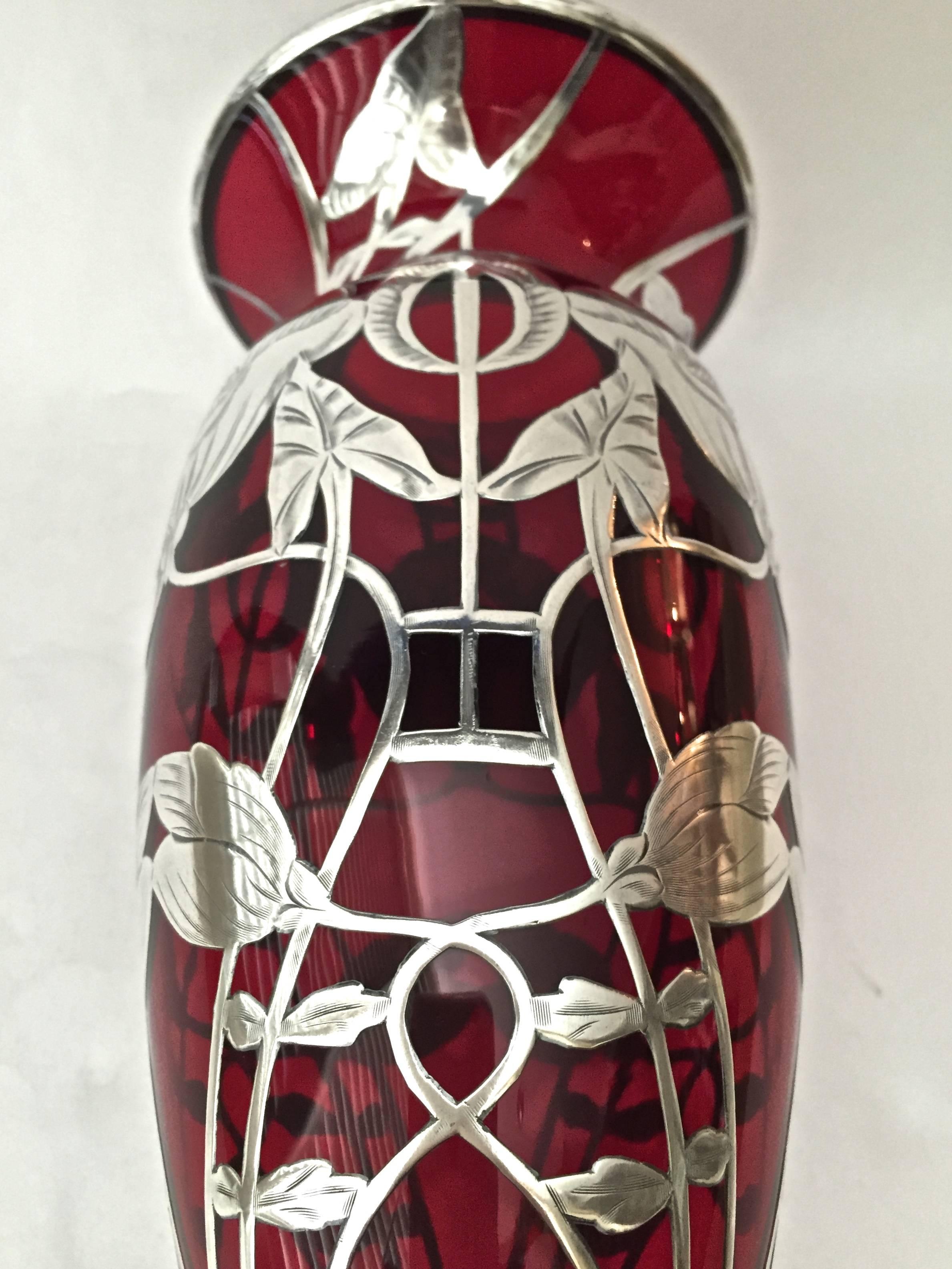 American Art Nouveau Sterling Silver Overlay Vase with Ruby Glass, 19th Century For Sale