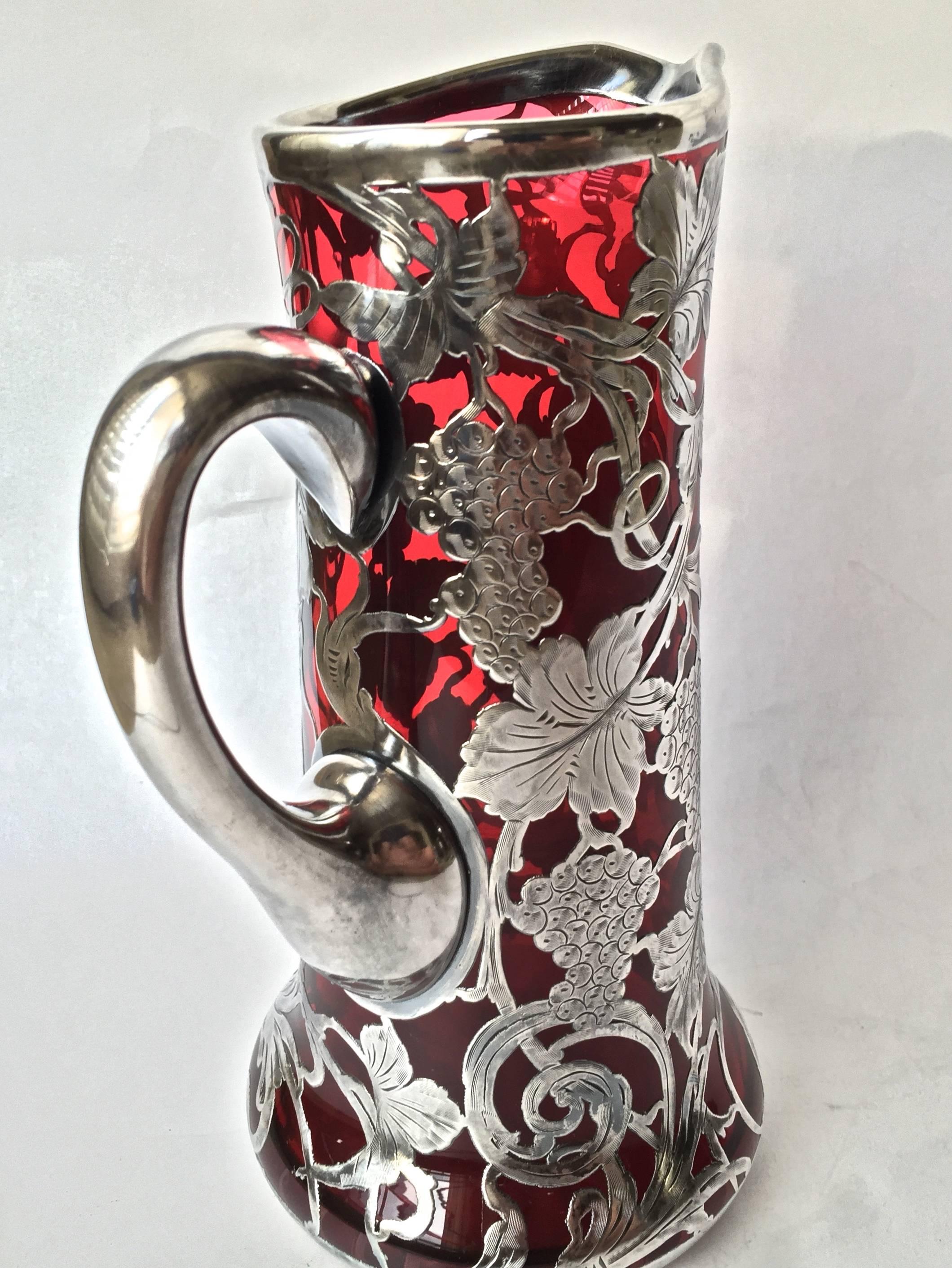 Art Nouveau Fantastic Red Glass Sterling Overlay Pitcher, circa 1900 For Sale
