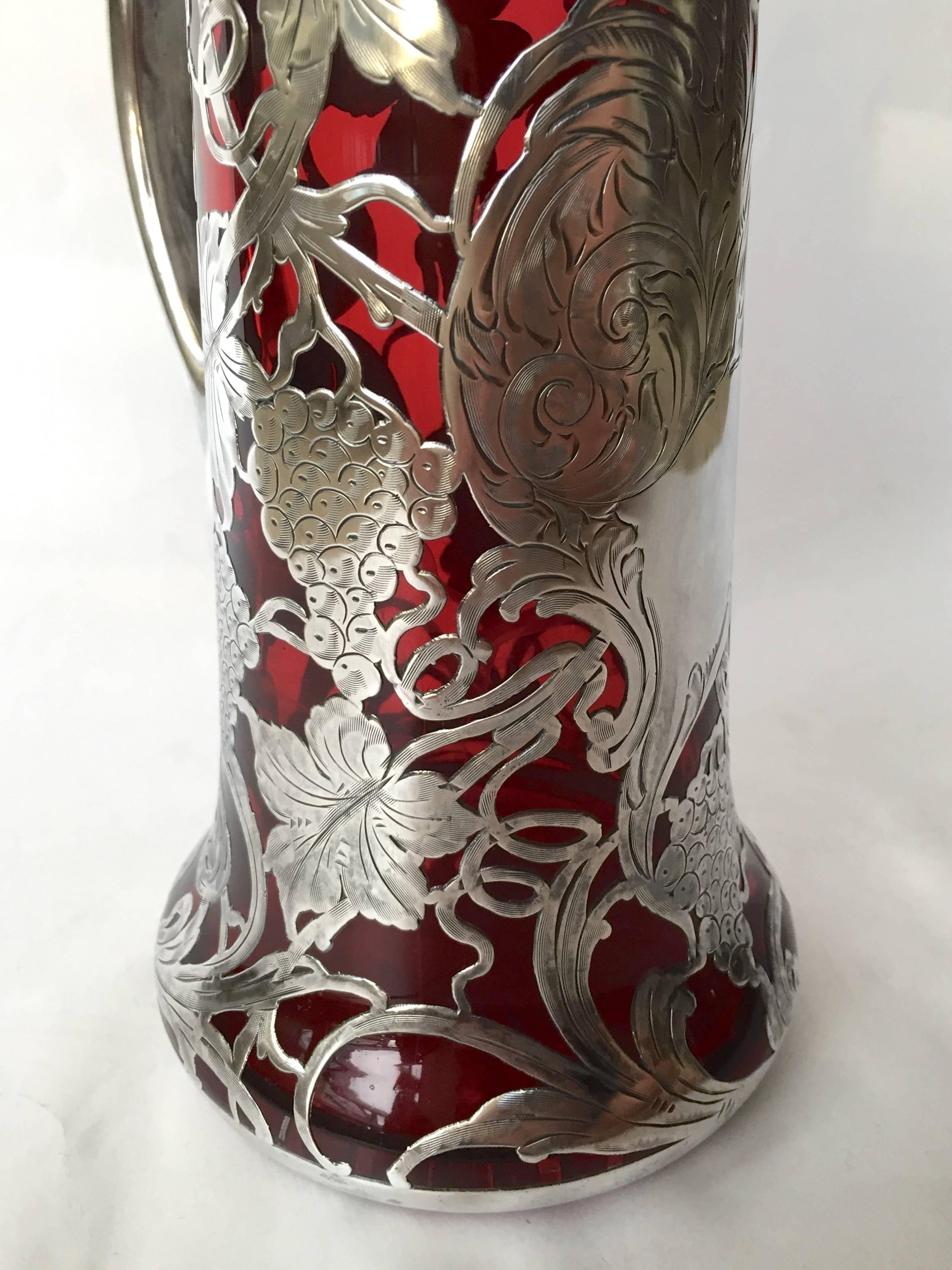 American Fantastic Red Glass Sterling Overlay Pitcher, circa 1900 For Sale