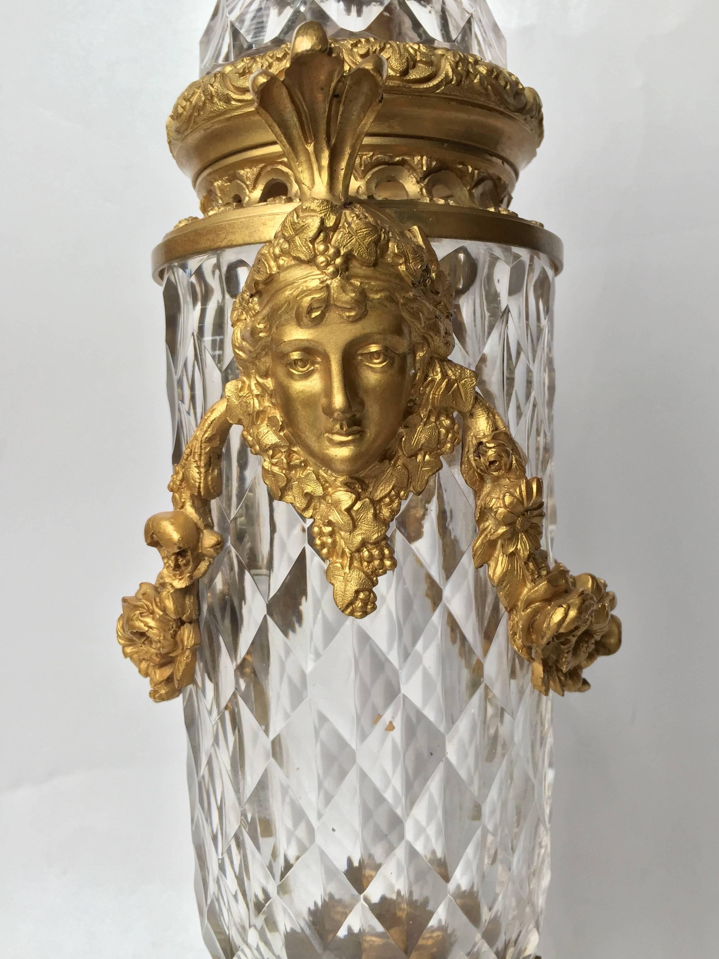 19th Century  Baccarat Attribution Cut Crystal and Gilt Bronze Mounted Urns Circa 1890 For Sale