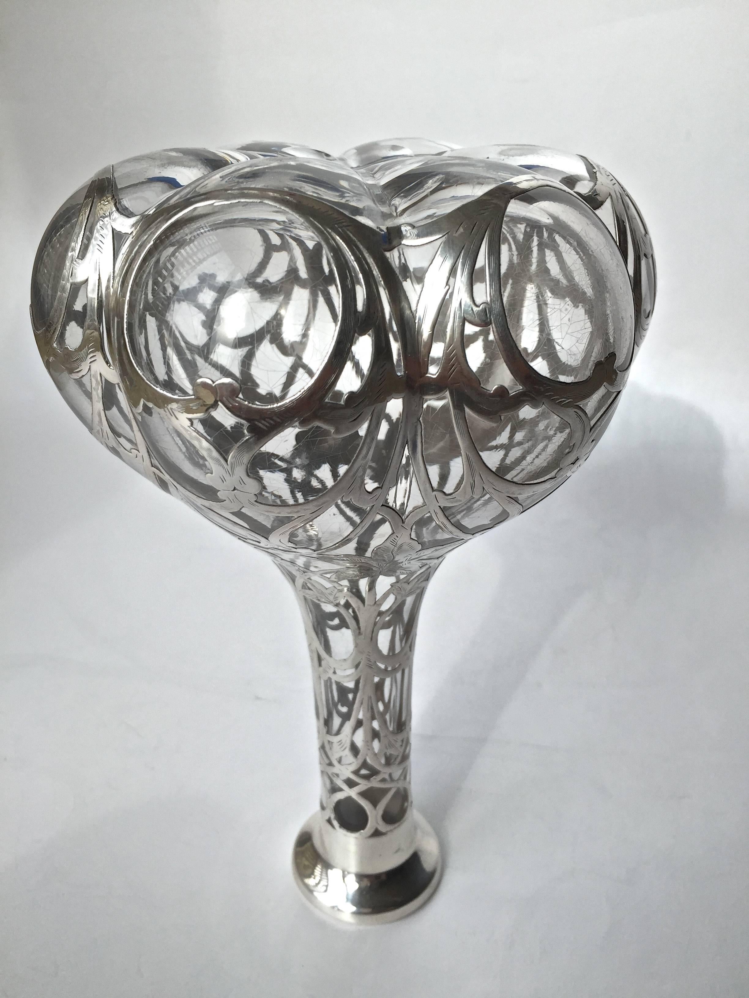 Art Nouveau Sterling Silver Overlay Steuben Clear Glass Decanter, circa 1900 In Excellent Condition For Sale In Redding, CA